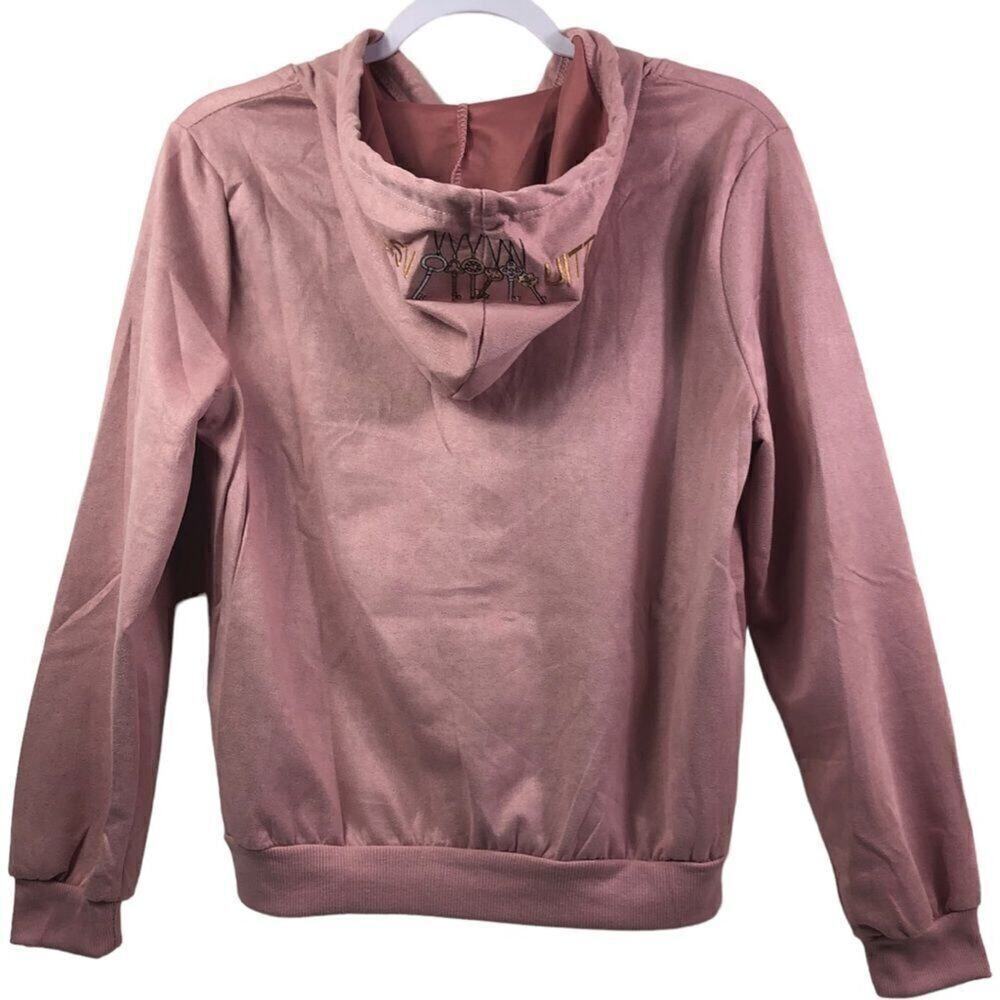 Designer Pink Embroidered Suede Hooded Jacket - Picture 3 of 11